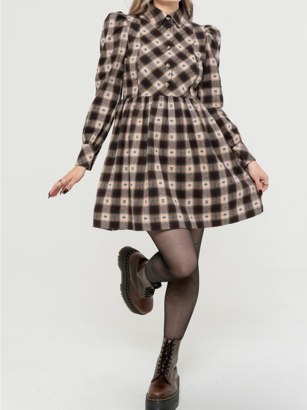 Disturbia Plaid Puff-Sleeve Mini Dress in Brown & Cream